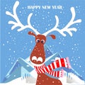 Deer cartoons animal on blue mountain landscape Happy New Year congratulation card